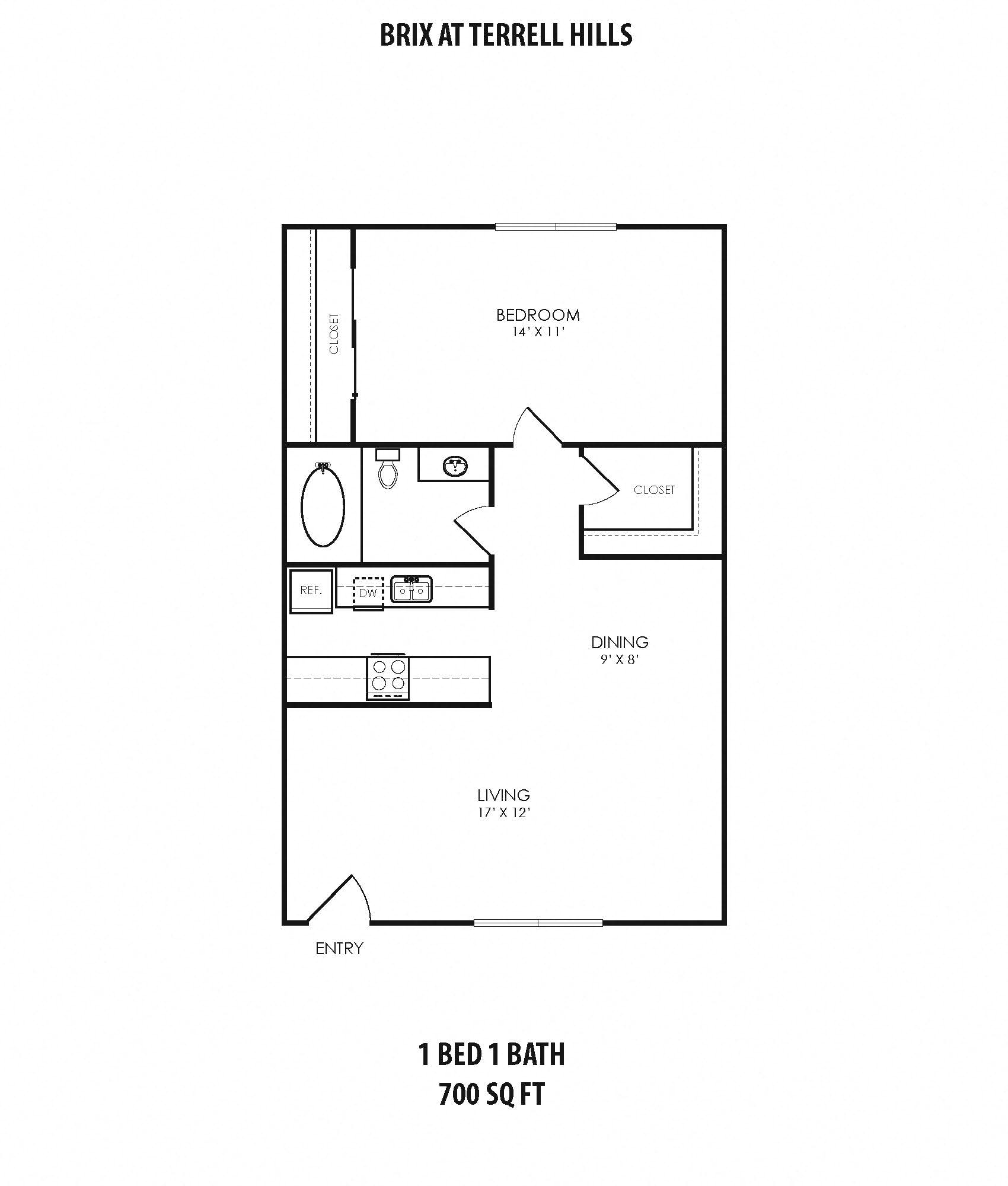 Floor plan for 1 bed, 1 bath, 700 sqft